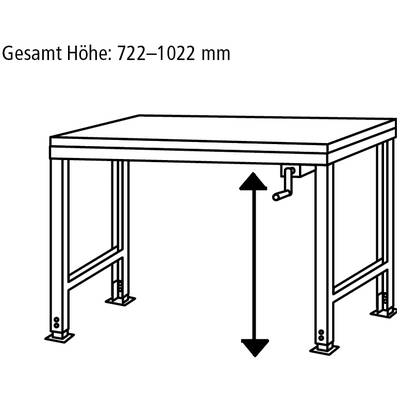 Výškově nastavitelný stůl s klikovým mechanismem, výška nastavitelná v rozmezí 722 až 1022 mm.