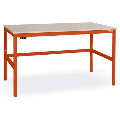 Stabilní stůl s bílým povrchem a oranžovým kovovým rámem, ideální do dílny nebo pro rukodělné práce.