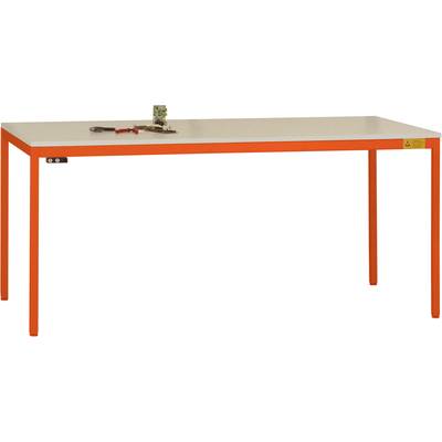 Obdélníkový stůl s bílou deskou a oranžovýma nohama. Na stole leží šroubovák a několik malých dílů.