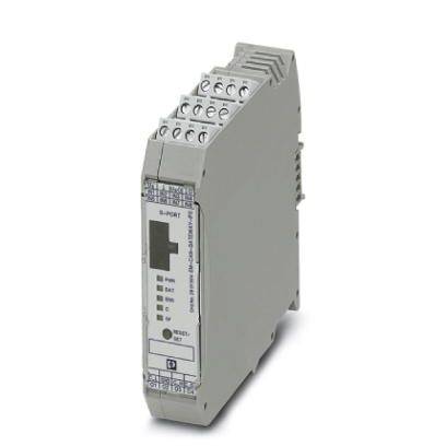Průmyslový DIN lišta modul v šedé barvě, s několika připojovacími svorkami a popisným čelním štítkem pro elektrické obvody.