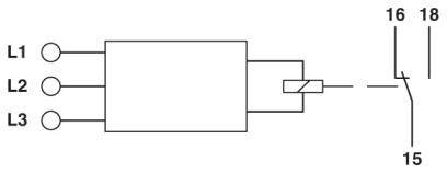 Elektrorozvodový schéma zobrazuje relé se třemi vstupy (L1, L2, L3) a spínačem s svorkami 15, 16, 18.