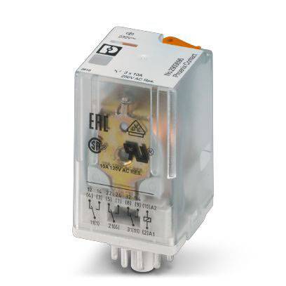Relé v průhledném pouzdře s vytištěnými technickými specifikacemi, vhodné pro aplikace 10 A/250 V AC.