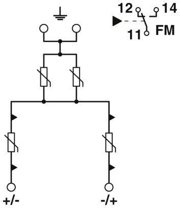 Schéma zapojení elektrického obvodu s rezistory a diodami. Nahoře vpravo: přepínač mezi '12' a '14', označený 'FM'.