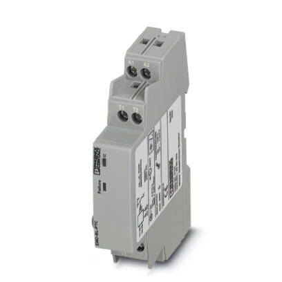 Šedé elektrické relé s popisy svorek A1, A2, 11, 12 a 14, namontované na DIN liště.