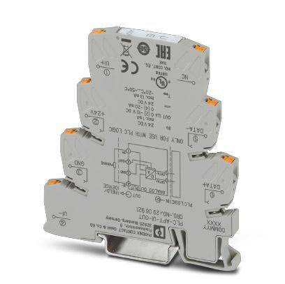 Šedý elektrický reléový modul s několika svorkami a popiskami, který lze namontovat na lištu DIN.