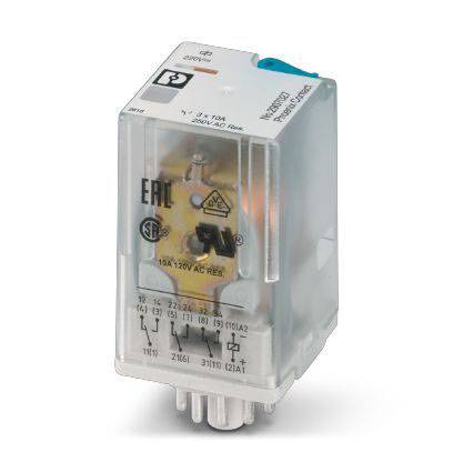 Transparentní relé s viditelnými spínacími kontakty a technickými symboly. Vhodné pro 10A/120V AC. Certifikováno EAC a UL.