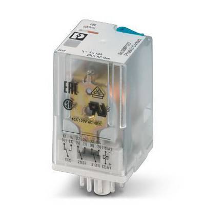 Transparentní relé s viditelnými spínacími kontakty a technickými symboly. Vhodné pro 10A/120V AC. Certifikováno EAC a UL.