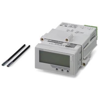 Elektronické měřicí zařízení s digitálním displejem, vpředu dva velké ovládací tlačítka, vedle nichž leží dva tenké černé tyčky.