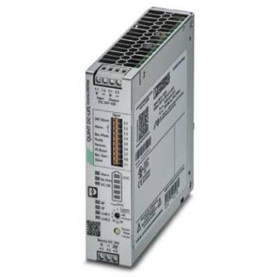 Průmyslový síťový zdroj od 'Phoenix Contact', kompatibilní se standardy SEMI F47 a EN 60204-1, s technickými specifikacemi na přední straně.
