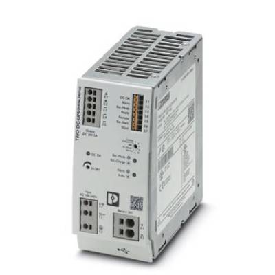 Šedé elektronické zařízení s chladicími žebry a popisy na přední straně, které slouží k napájení v technických zařízeních.