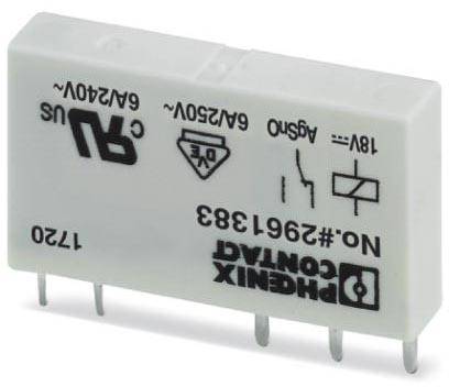 Malý elektromagnetický reléový modul s několika kovovými kolíky a potisky zobrazujícími různé informace o napětí a proudu.