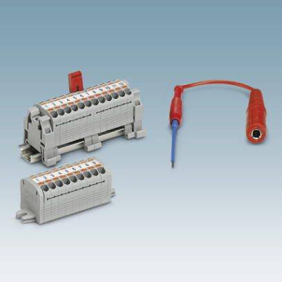 Dvě řadové svorky a zkušební konektor na modrém pozadí. Svorky jsou šedé s barevnými značkami.