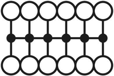 Grafické znázornění mřížové sítě propojených kruhů vytvářejících dvě paralelní řady.