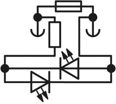 Diagram elektrických obvodů, který zobrazuje dvě diody, jednu cívku a několik propojovacích vedení spojujících kruhové uzlové body.