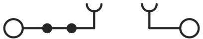 Symbol ve tvaru dvojitého L s linkami a kruhy uspořádanými symetricky. Vlevo jsou dva body připojení, vpravo jen jeden.