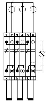 Diagram znázorňuje hudební obvod se šesti spínači. Propojovací čáry a symboly naznačují elektrická zapojení.