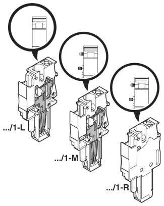 Tři elektrické připojovací svorky v různých provedeních: .../1-L, .../1-M a .../1-R. Každá s nakresleným detailem.