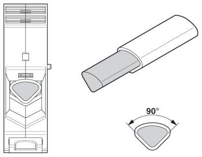 'Svítidlo ve formátu dlouhého svazku' řezané v úhlu 90°. Diagram znázorňuje válcové pouzdro s reflexní vnitřní plochou a trojúhelníkovým výstupem světla.