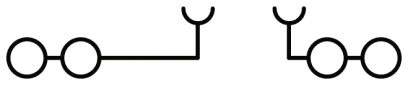 Jednoduchá schematická reprezentace dvou stylizovaných tvarů propojených čárami a kruhy, s otevřenými konci směřujícími nahoru.