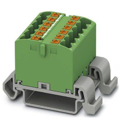 Zelený elektrický konektor s šedými svorkami a oranžovými vodiči, vhodný pro montáž na DIN lištu v rozvaděči.