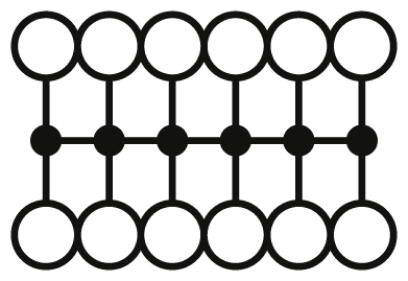 Osm propojených kruhů spojených horizontálními a vertikálními linkami v obdélníkovém mřížkovém vzoru.