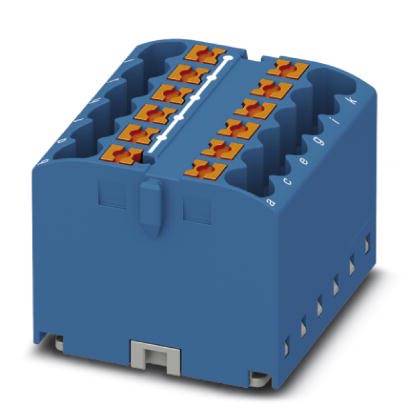 Modrý elektrický konektor s několika oranžovými konektory. Vhodný pro zapojení a připojení.