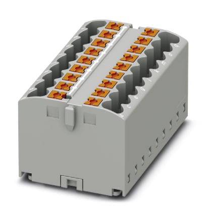Šedý elektrický konektor se dvěma řadami červeno-oranžových páčkových svorek a několika možnostmi připojení.