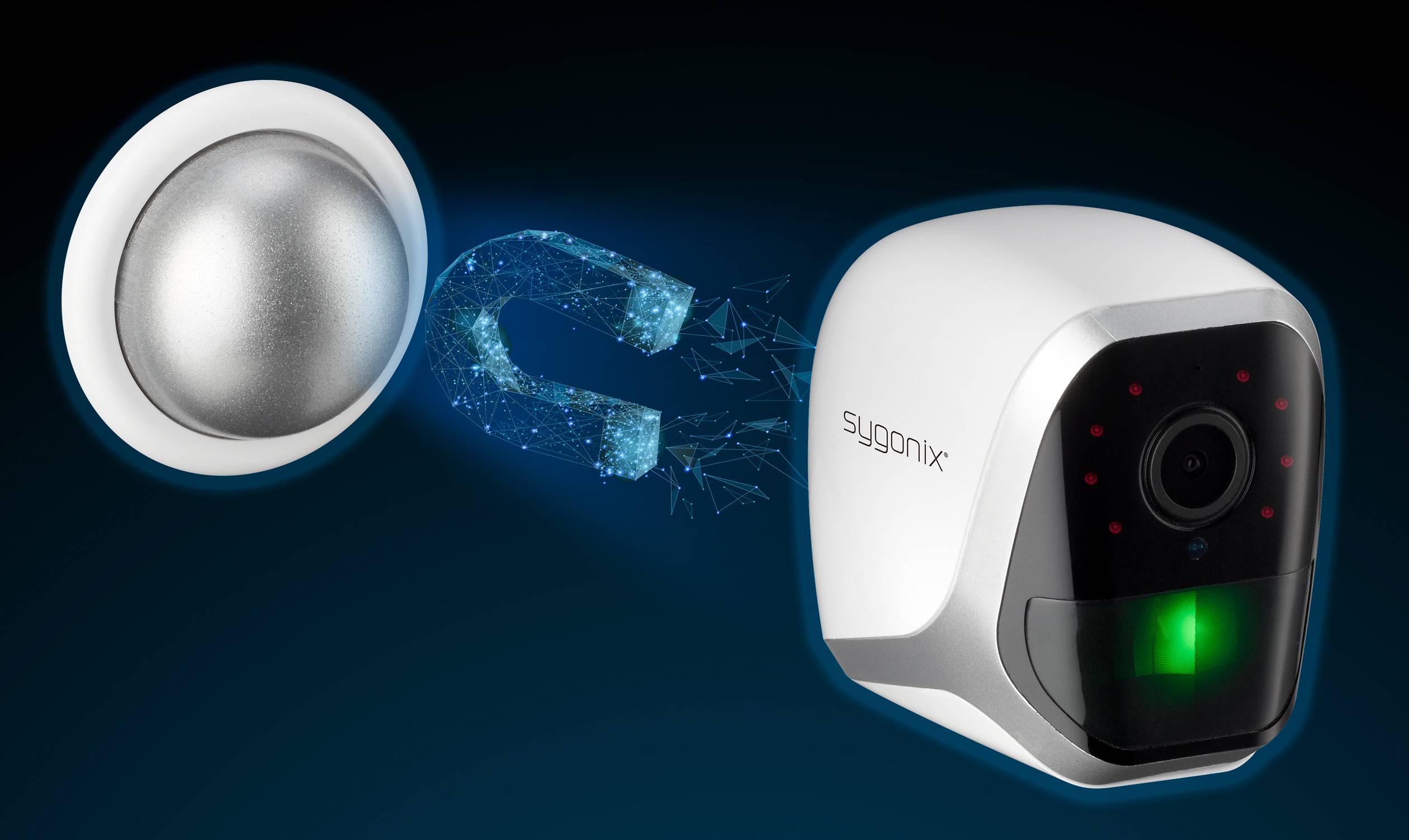 Na obrázku je zobrazena bezpečnostní kamera Sygonix s magnetickým upevňovacím mechanismem umístěným vedle ní vlevo.