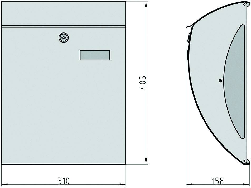 Obrázek obdélníkové poštovní schránky s víkem nahoře, šířka: 310 mm, výška: 405 mm, hloubka: 158 mm, pohled zepředu a z boku.