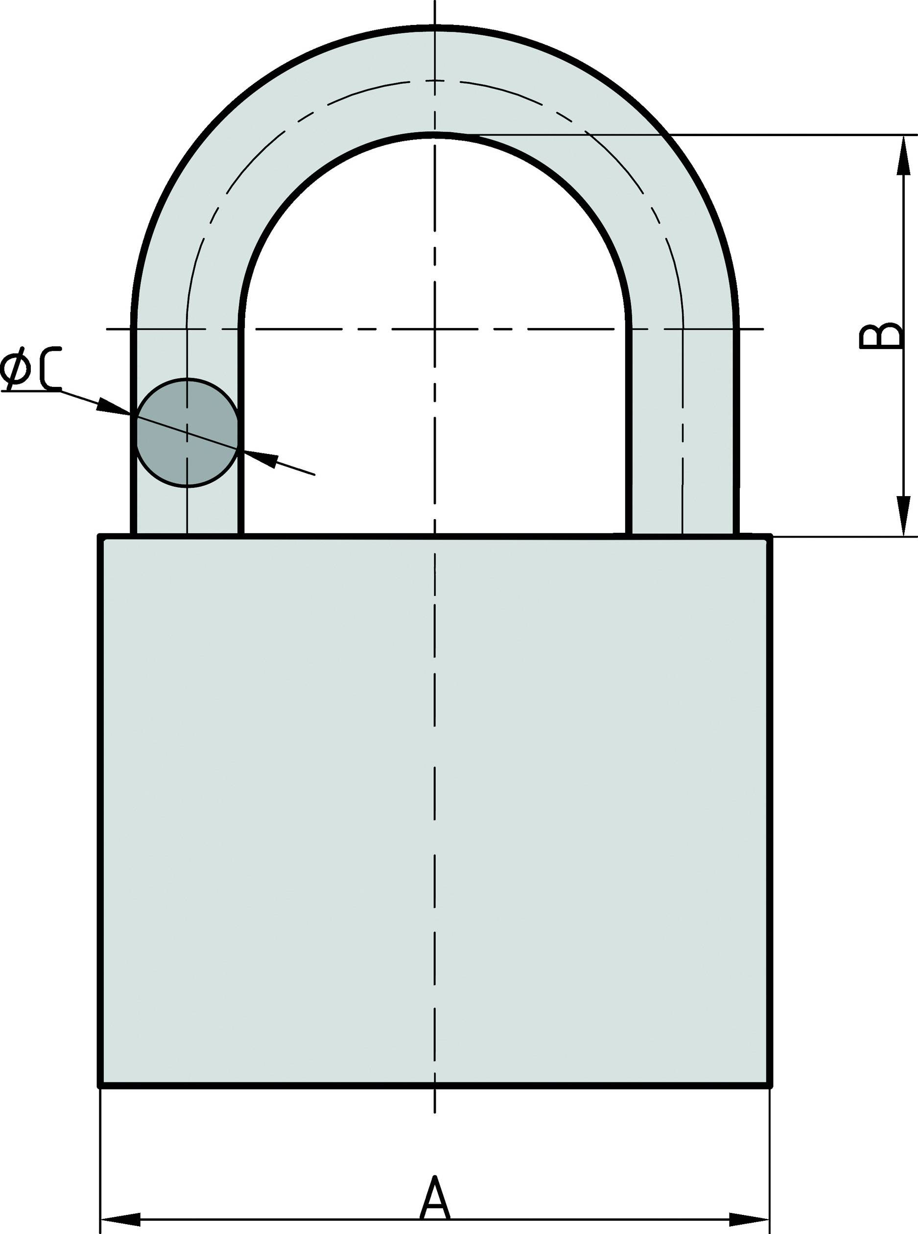 Náčrt visacího zámku s rozměry: výška třmenu 28 mm, šířka zámku 38 mm, průměr 6,5 mm.