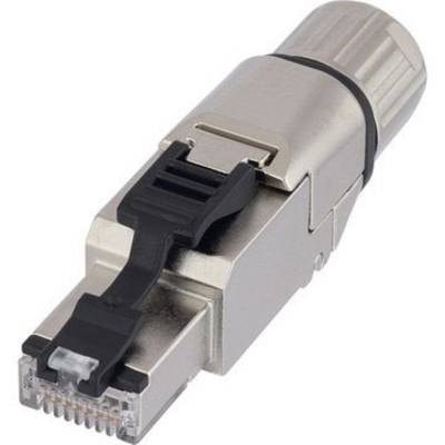 Kovový RJ45 konektor s plastovou krytkou, vhodný pro síťová připojení v robustním designu.