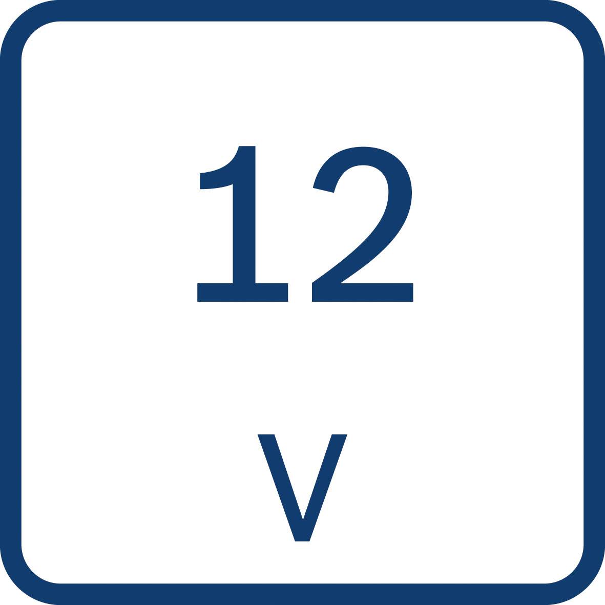 Štítek ukazuje '12 V' k označení napětí 12 voltů.
