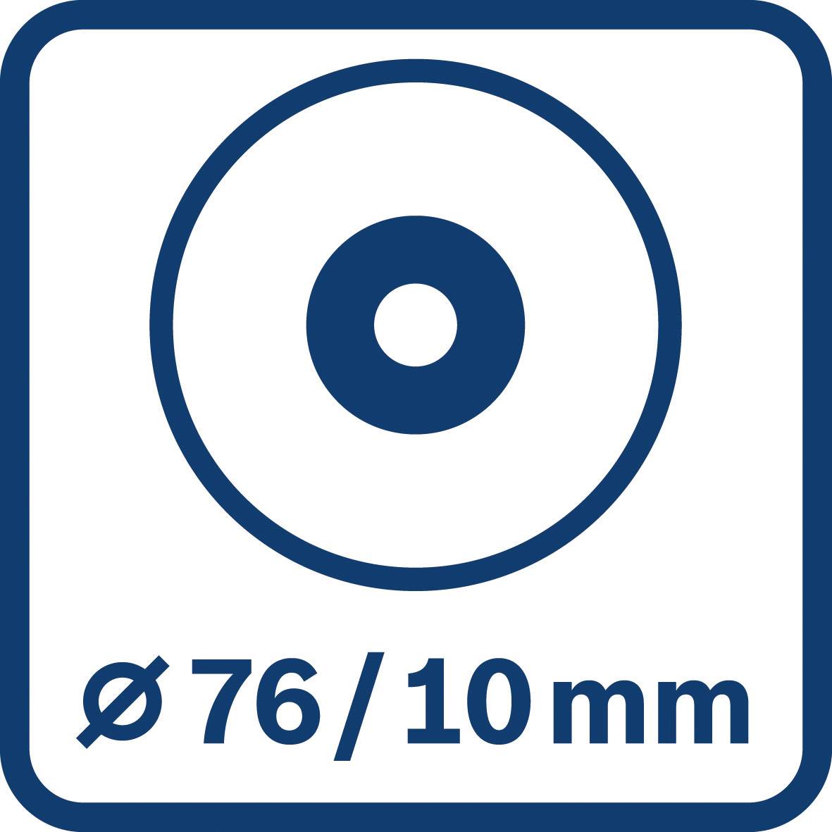 Symbol kruhu s centrálním bodem, který ukazuje průměr 'Ø 76/10 mm'.