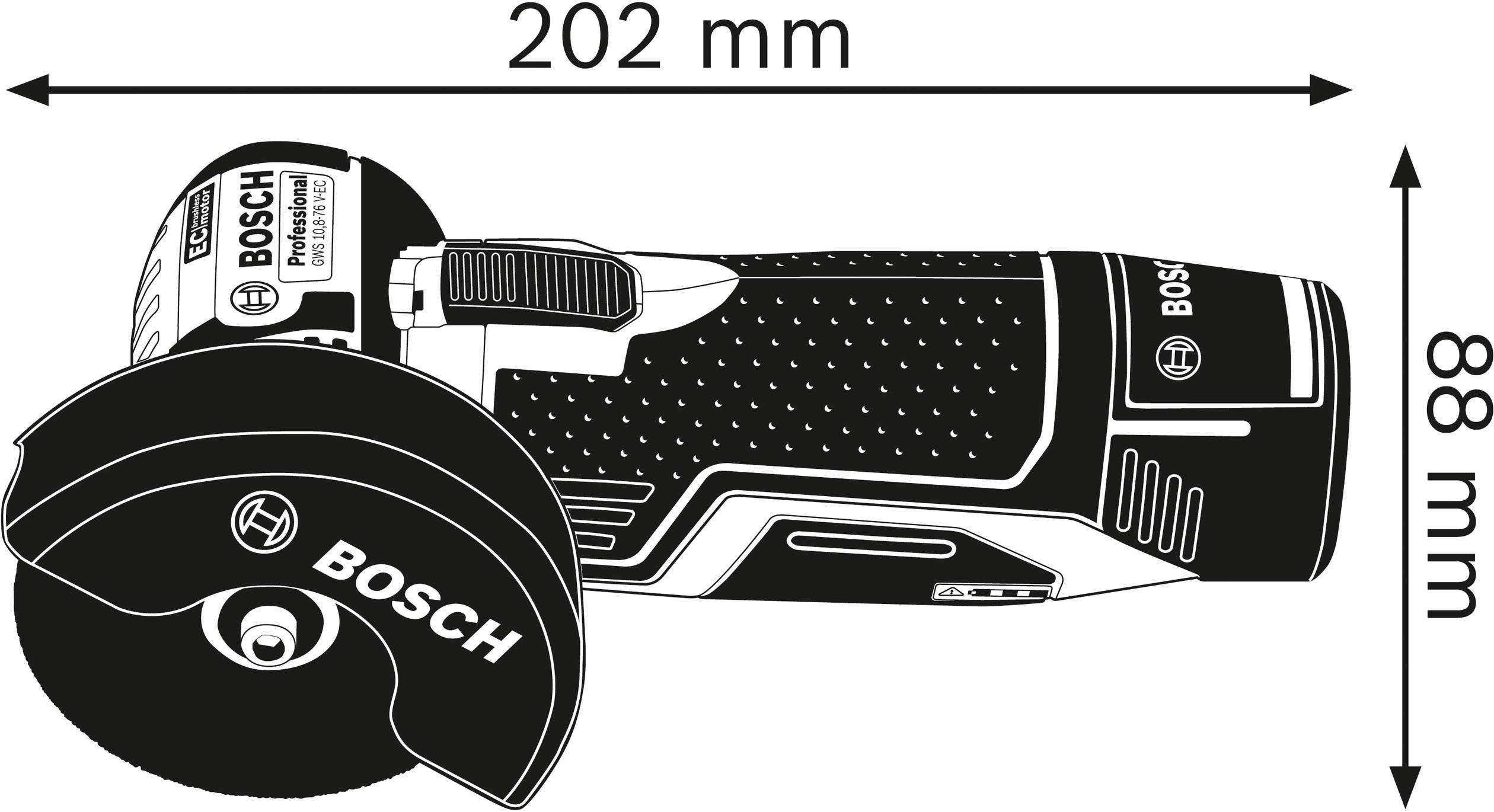 Nákres úhlové brusky Bosch s rozměry: délka 202 mm, průměr 88 mm.