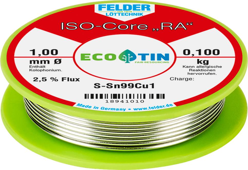 Felder ISO-Core "RA" Sn99Cu1 bezolovnatý pájecí cín cívka Sn99,3Cu0,7 0.100 kg 1 mm