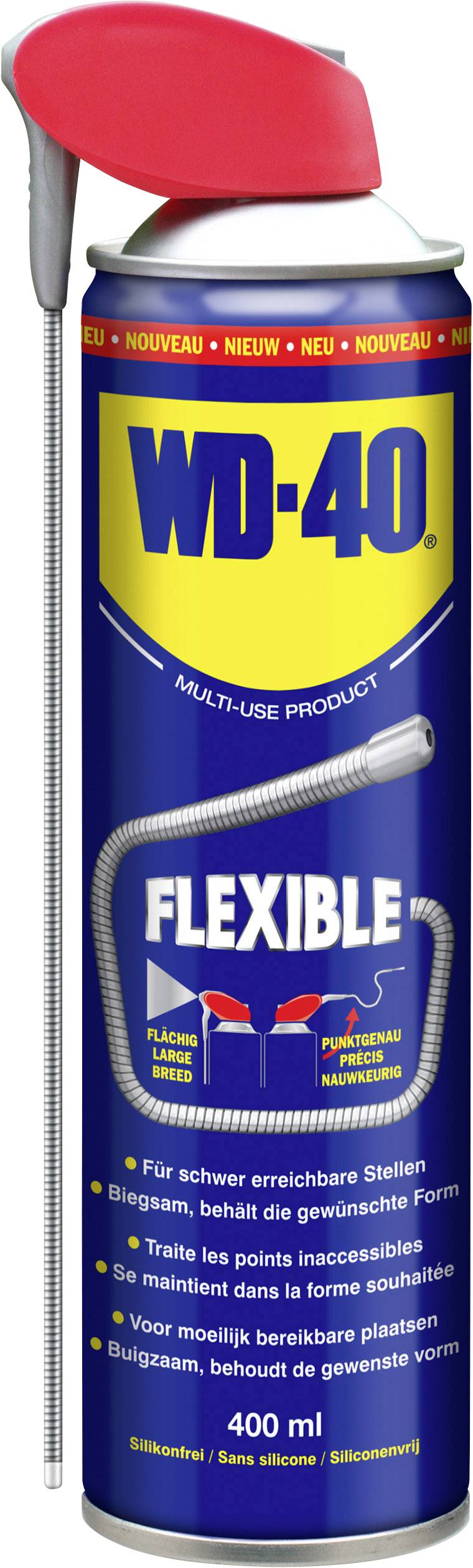 WD-40 sprej s flexibilní kovovým tryskou pro těžko dostupná místa, na etiketě viditelné nápisy 'Flexible' a 'Multi-Use Product'.
