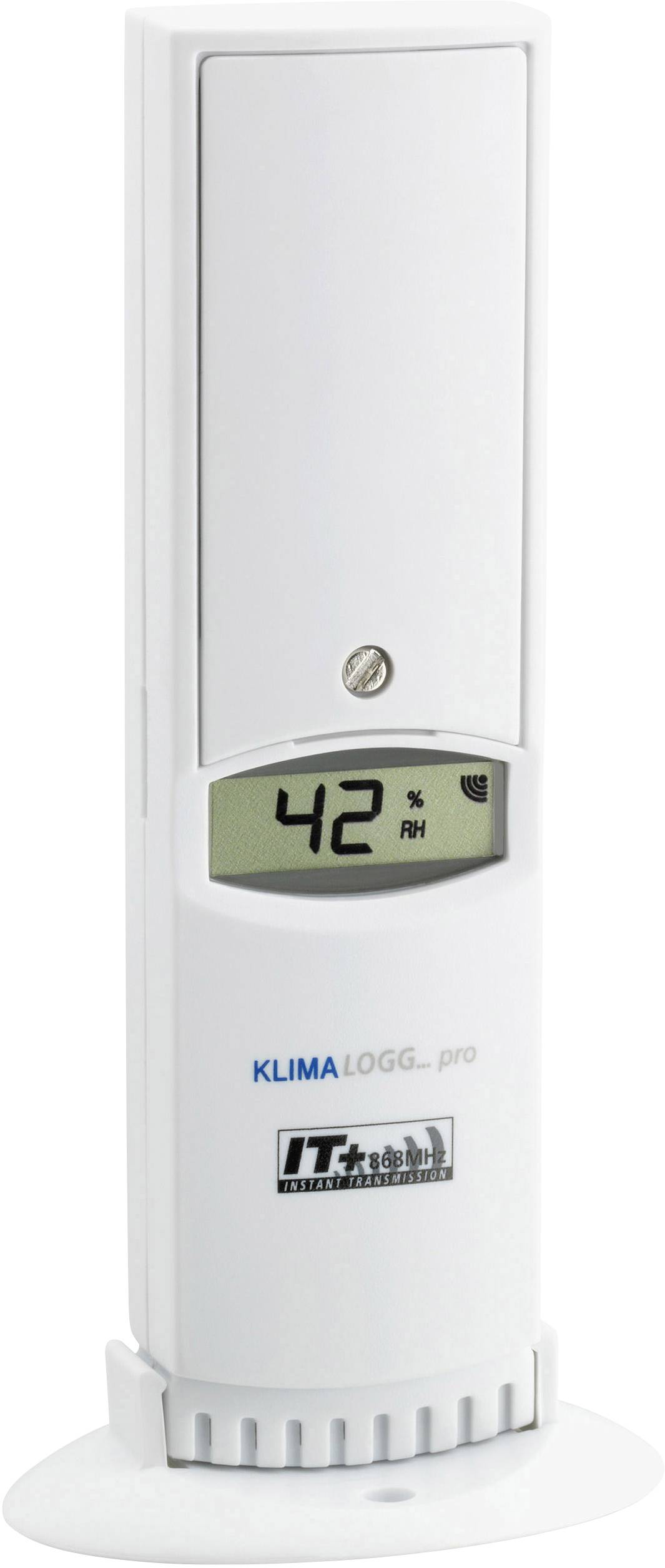 Měřič vlhkosti vzduchu s digitálním displejem zobrazujícím '42 % RV'. Viditelné ochranné známky 'KlimaLogg pro' a 'IT+'.