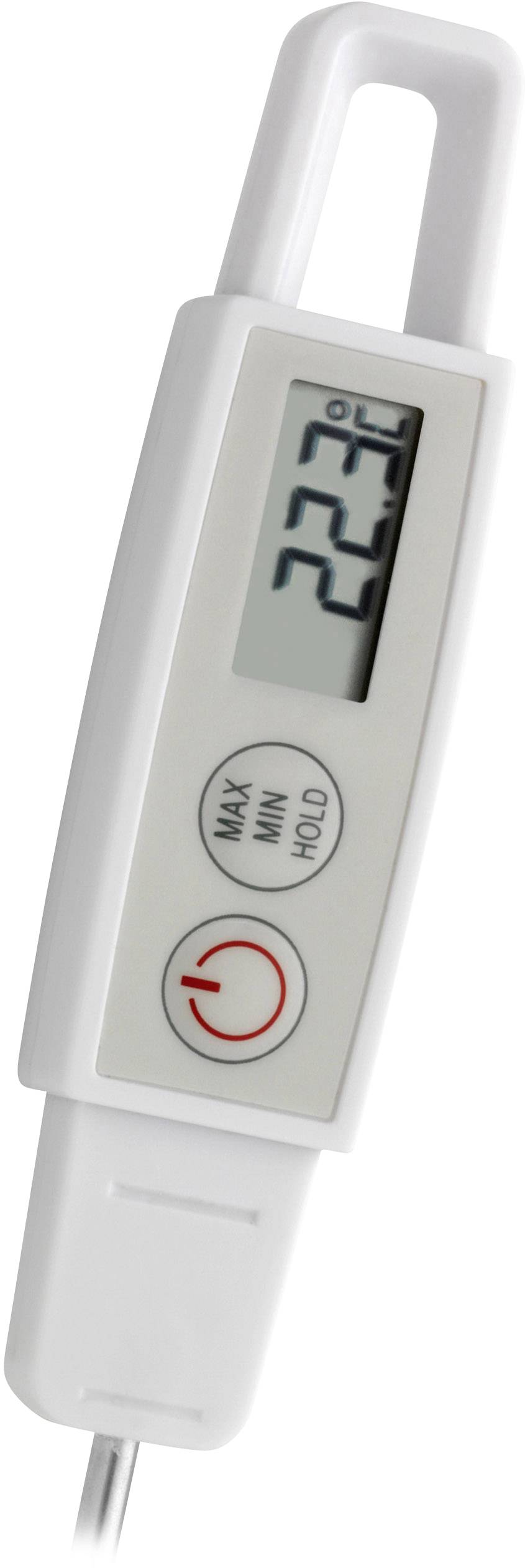 Digitální teploměr ukazuje teplotu 22,3 stupňů Celsia. Viditelné jsou tlačítka pro Max/Min, podržení a napájení.