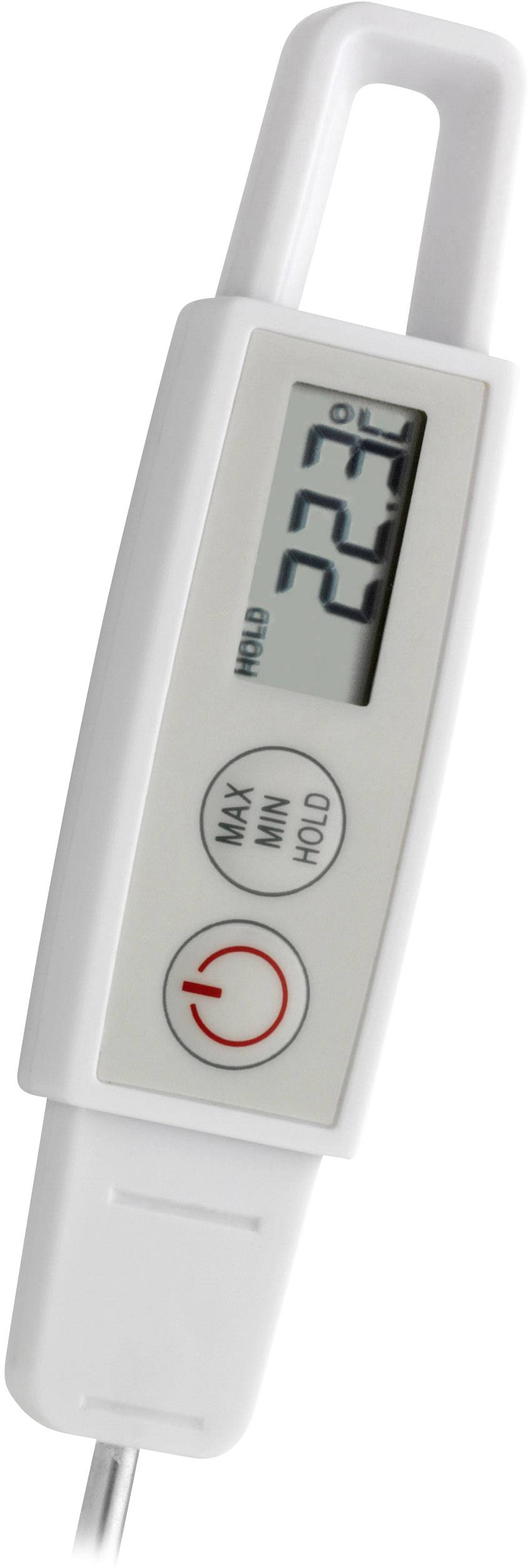 Digitální teploměr ukazuje teplotu 22,7 stupňů Celsia. Má tlačítka pro 'Max', 'Min' a 'Hold'.