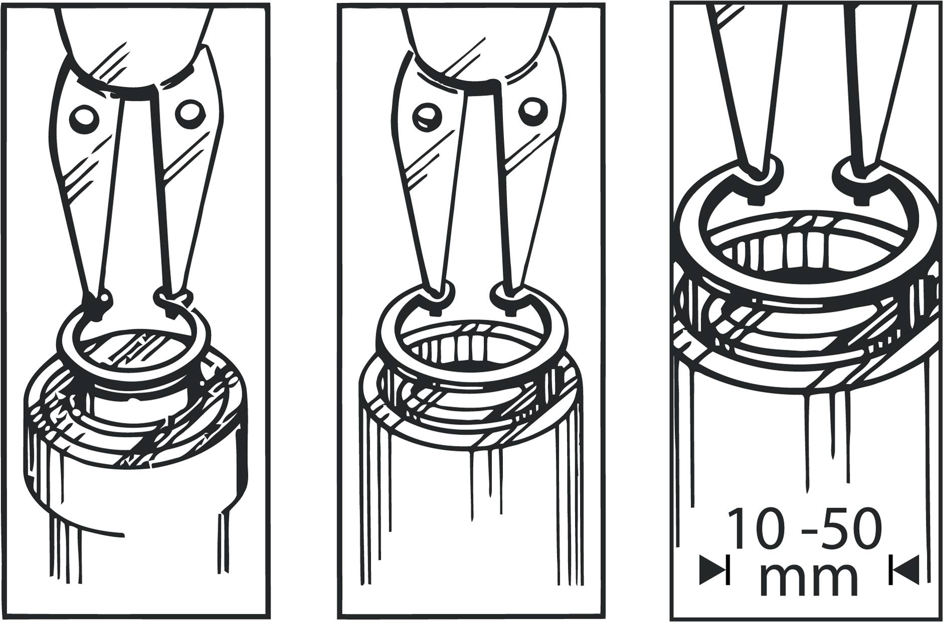 Tři ilustrace ukazují kleště při otevírání pojistného kroužku na válci. Vzdálenost je 10-50 mm.