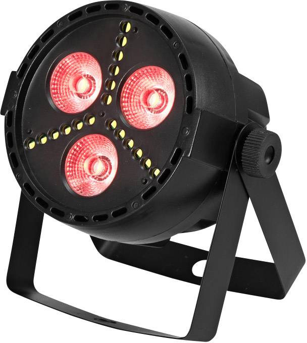 Černý LED reflektor se třemi svítícími červenými lampami, uspořádanými do trojúhelníkového vzoru, na nastavitelném stojanu.