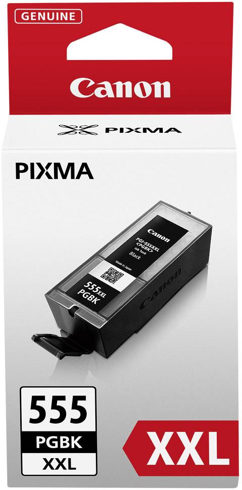 Canon inkoustová cartridge XXL, model 555 PGBK, pro tiskárny PIXMA. Balení v červené a bílé barvě s vyobrazením produktu a QR kódem.