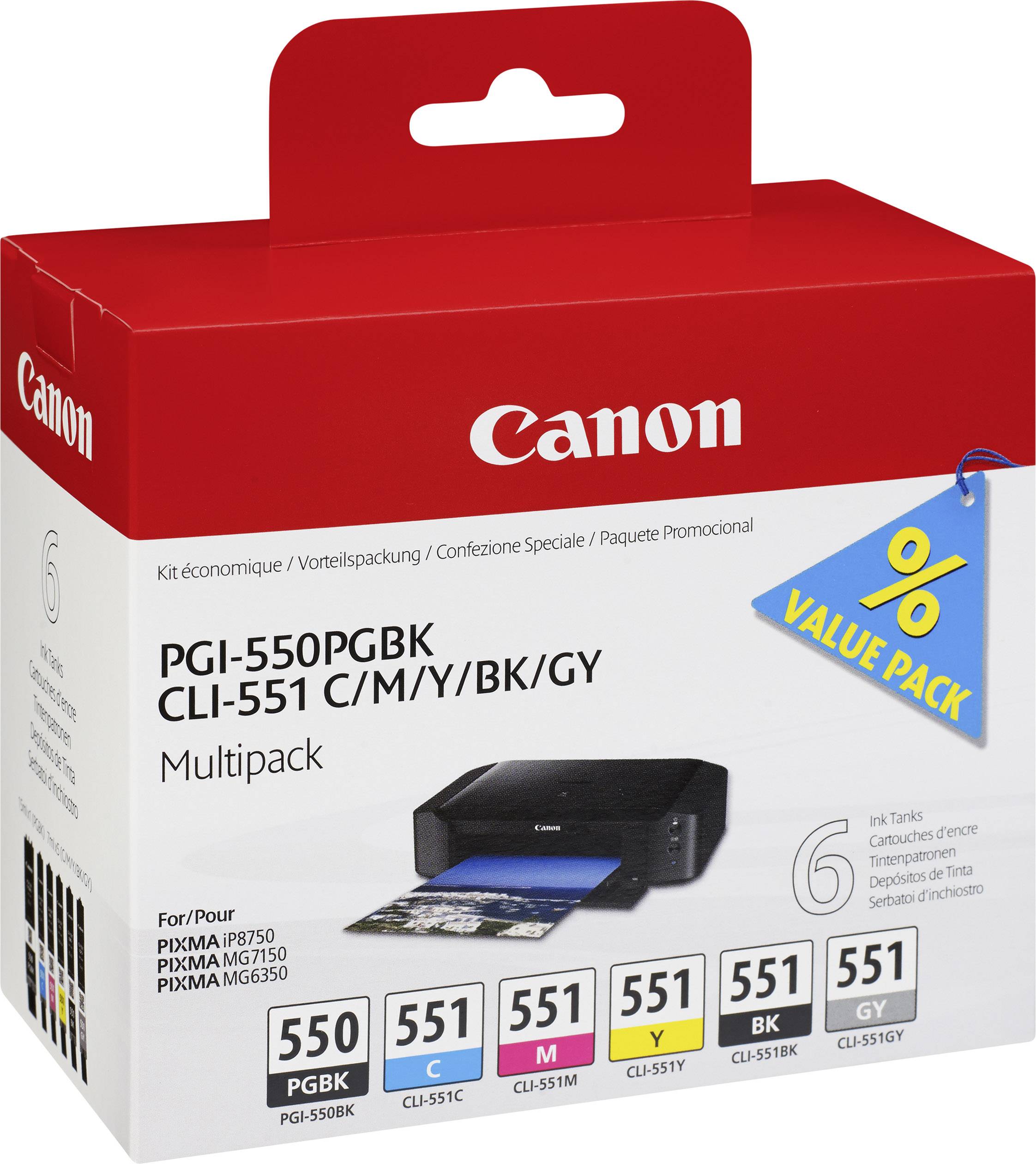 Canon inkoustové cartridge multipack: PGI-550PGBK a CLI-551 v barvách C/M/Y/BK/GY. Pro tiskárny modelů PIXMA MG5750/MG6350.