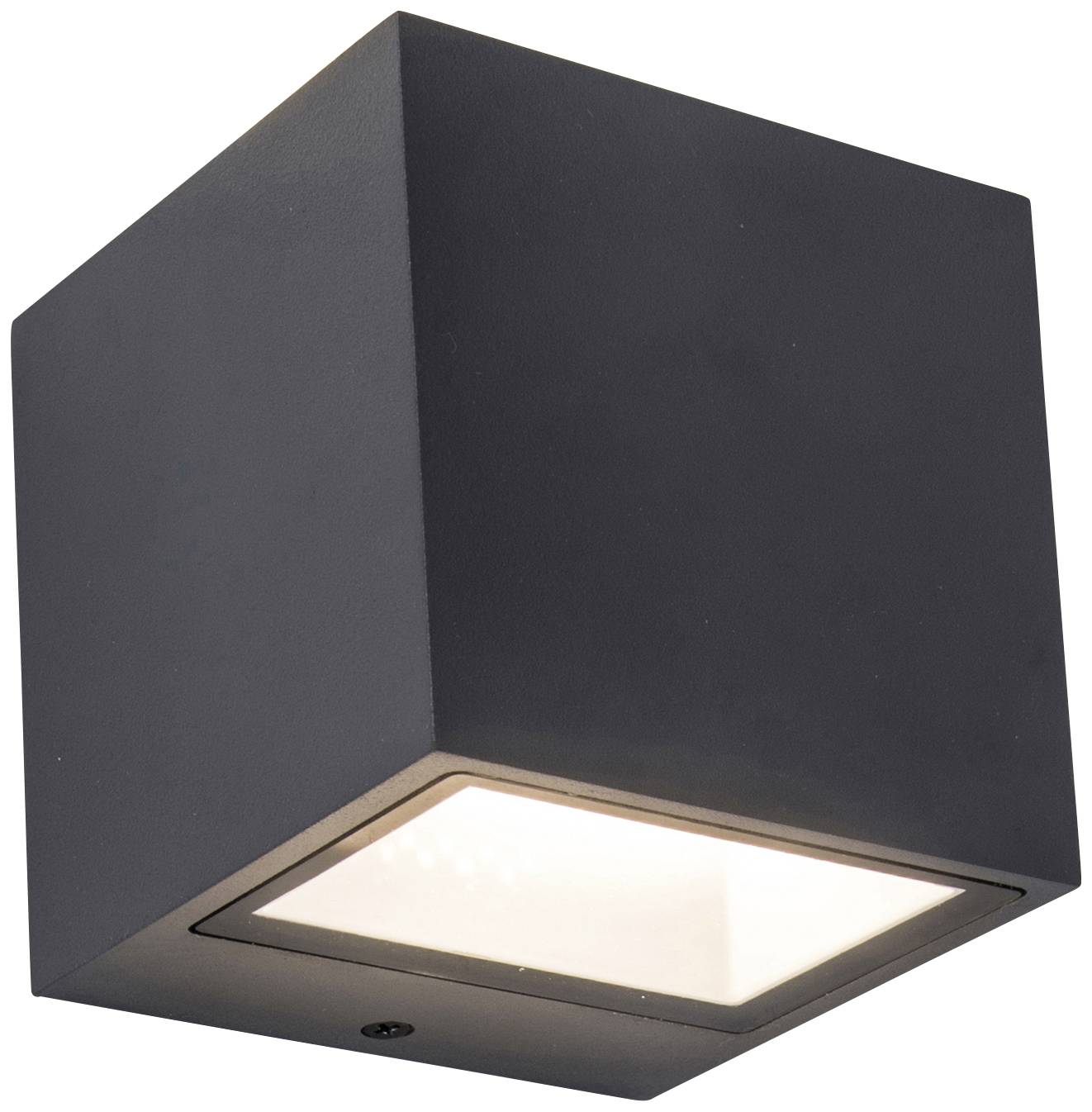 Černé nástěnné svítidlo čtvercového tvaru s osvětleným spodkem, vhodné pro moderní a minimalistické interiéry.