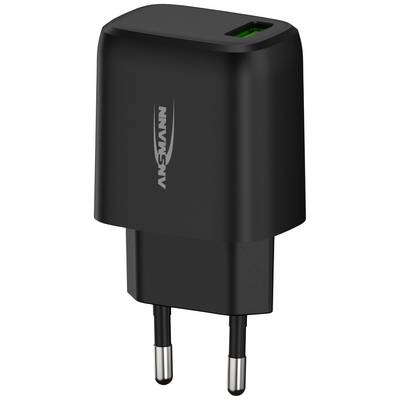 Černá USB nabíječka se dvěma kolíky pro evropské zásuvky, název značky na boku.