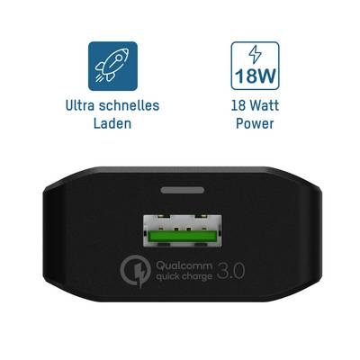 Černá nabíječka s USB portem, podporující Qualcomm Quick Charge 3.0, doprovázená textem: 'Ultra rychlé nabíjení', '18 wattů výkonu'.