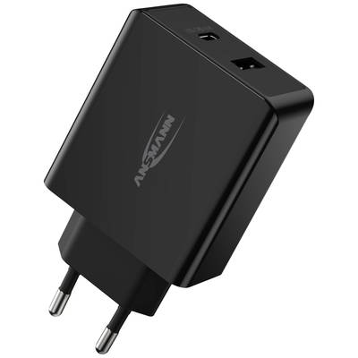 Černá USB nabíječka se dvěma USB porty a evropskou zástrčkou.