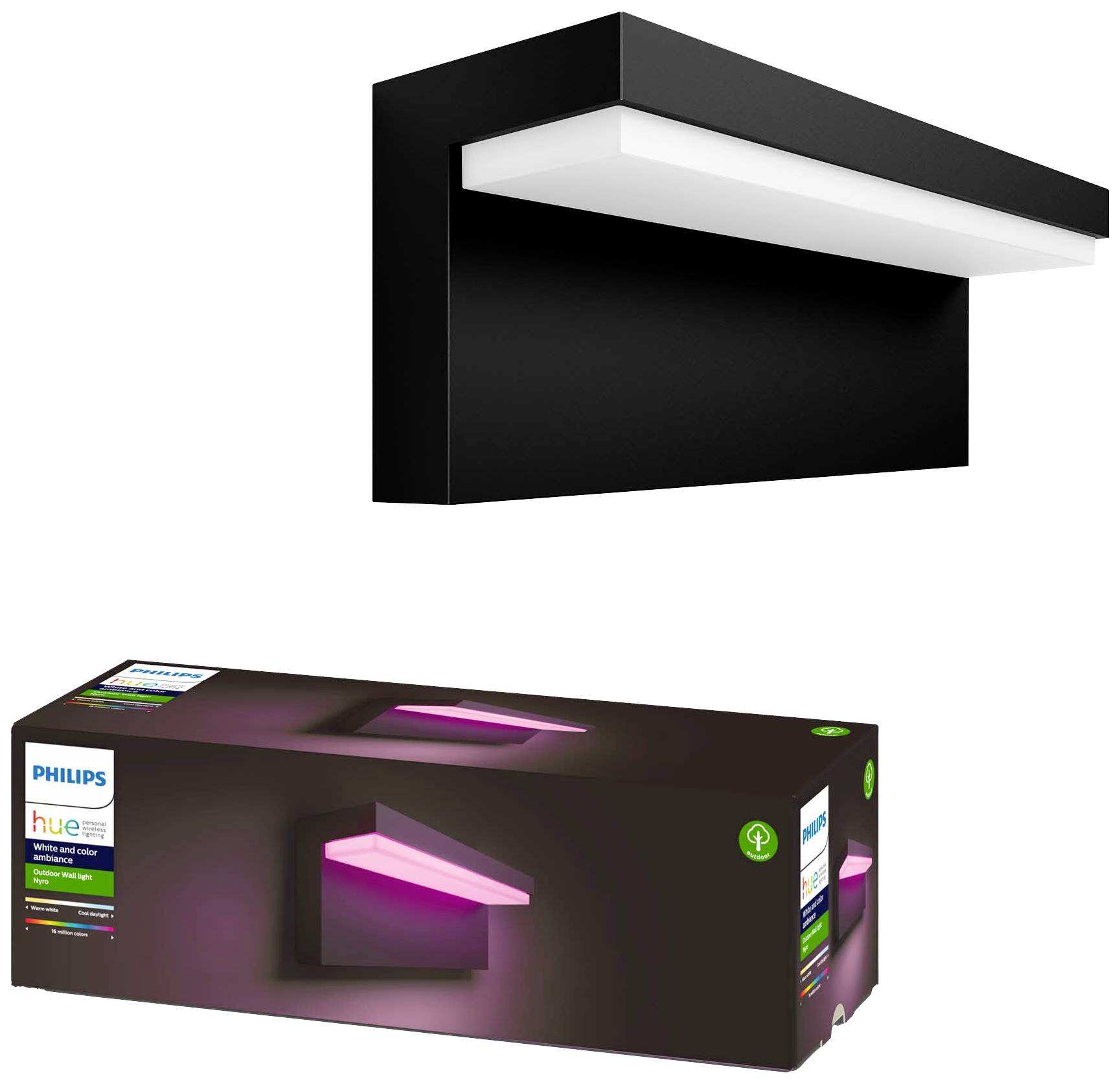 Černé nástěnné svítidlo Philips Hue s čtvercovým designem, vpředu bílý světelný pruh. Obal ukazuje svítidlo s růžovým světlem.