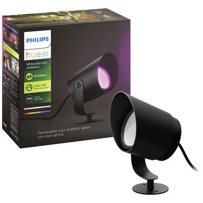 Venkovní osvětlení Philips Hue v černém provedení před obalem. Upozornění na přizpůsobitelné venkovní osvětlení s barevnými možnostmi. Ideální pro individuální nasvícení prostoru.