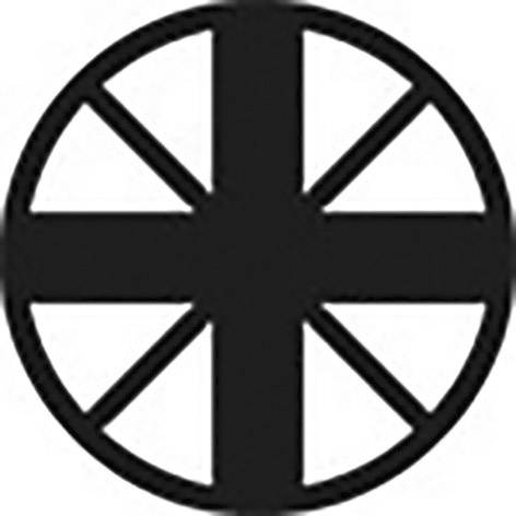 Černý kruhový symbol s bílým křížem a čtyřmi trojúhelníkovitými segmenty.